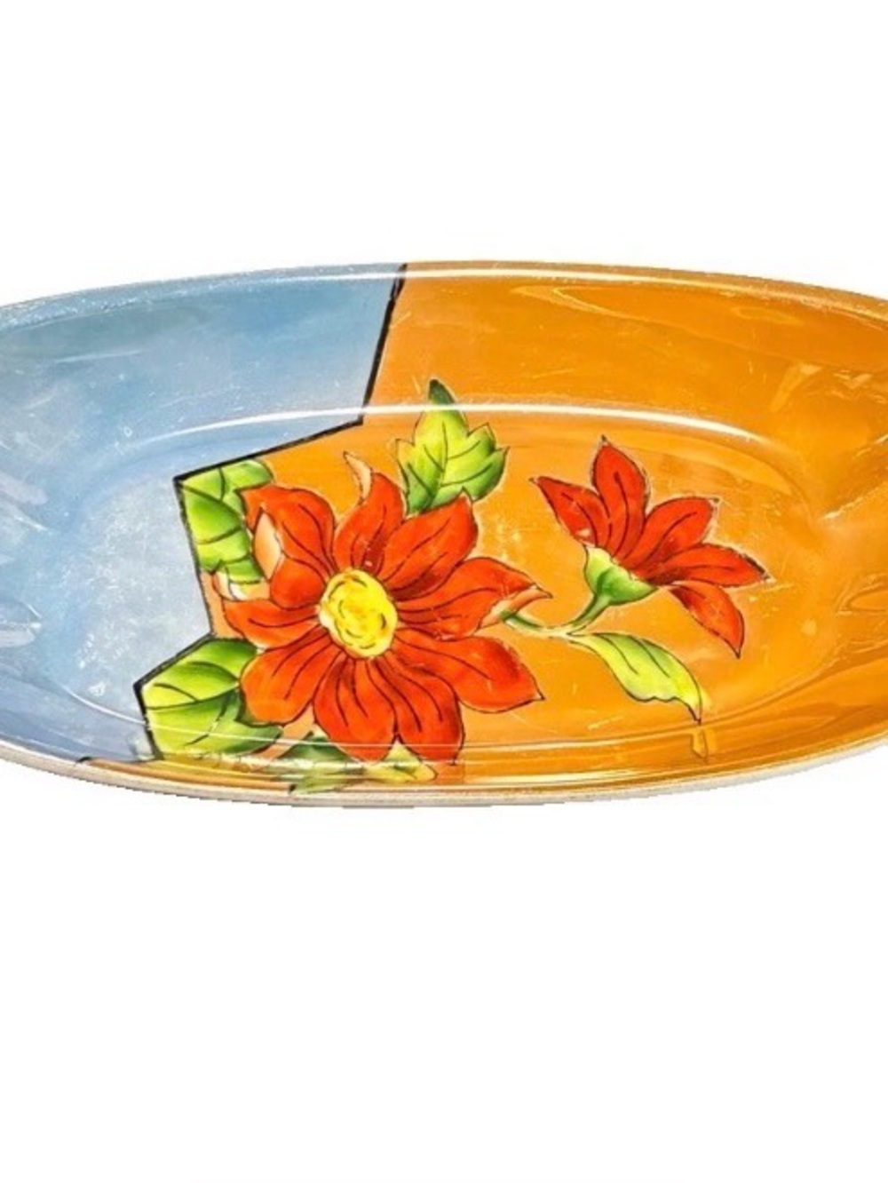 Hand painted Japan Luster Serving Bowl / Trinket Dish Floral Orange & Blue